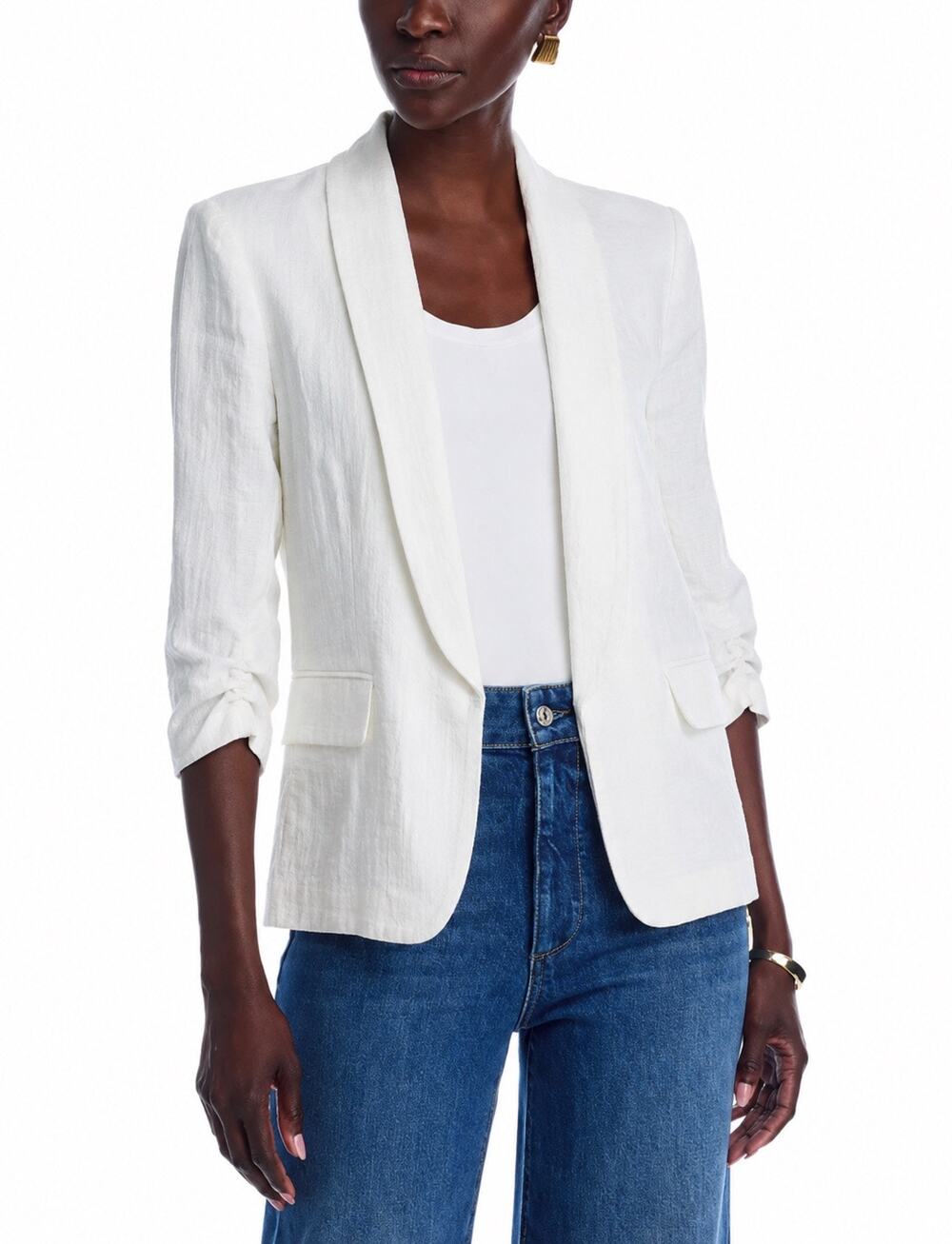 NEW Aqua Ruched Sleeve Open Front Blazer White Rayon Blend Small